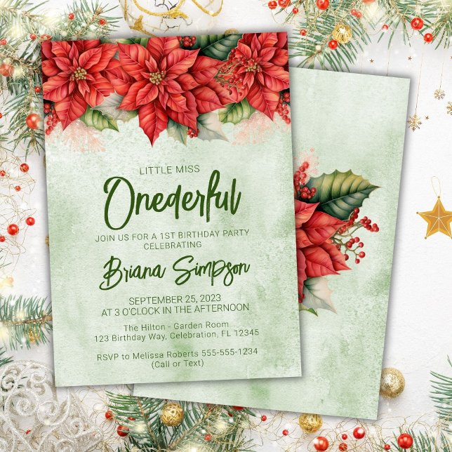 Invitation 1er anniversaire fête Noël Poinsettia Floral (Créateur téléchargé)