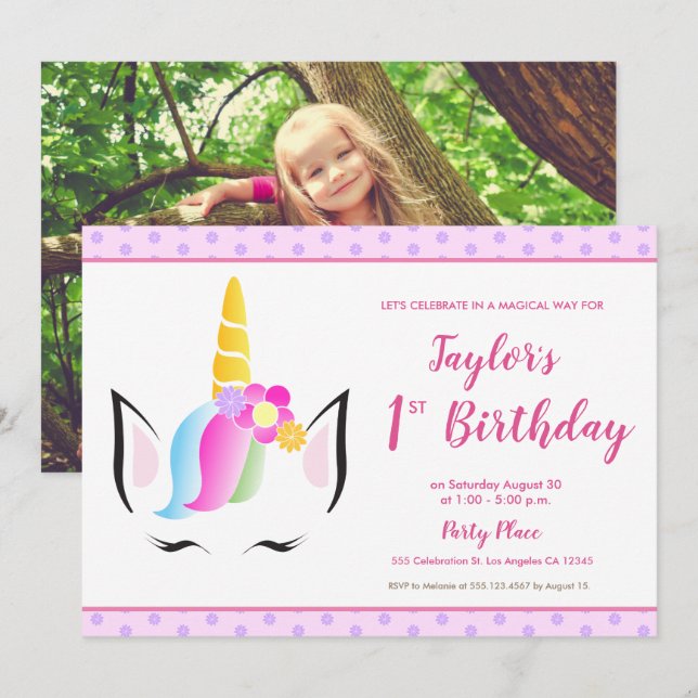 Invitation 1er anniversaire fête Unicorn Photo (Devant / Derrière)