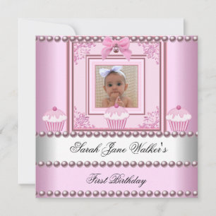 Invitation 1er Anniversaire Fille Cupcakes rose Bébé perle bl