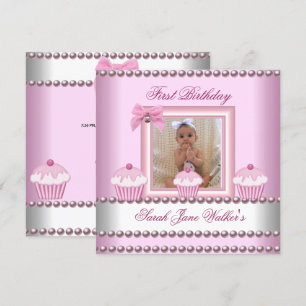 Invitation 1er Anniversaire Fille Cupcakes rose Bébé perle bl
