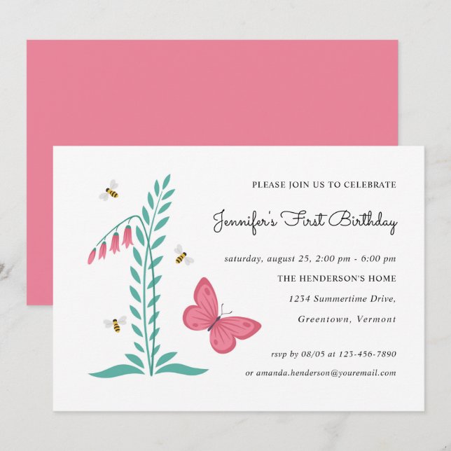 Invitation 1er Anniversaire Fille Fête Papillon Botanique Flo (Devant / Derrière)