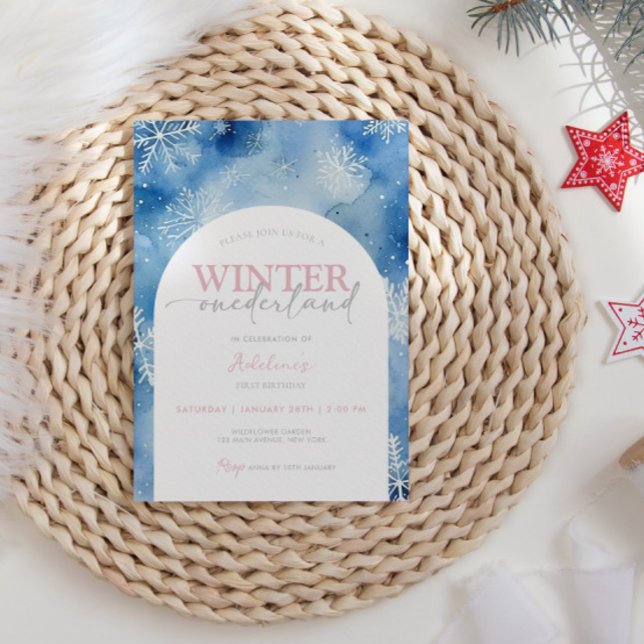 Invitation 1er anniversaire Fille hiver Onederland Fête Neige (Winter 1st Birthday Girl Template Editable Cute Watercolor Snowflake Winter ONEderland inivte girl)