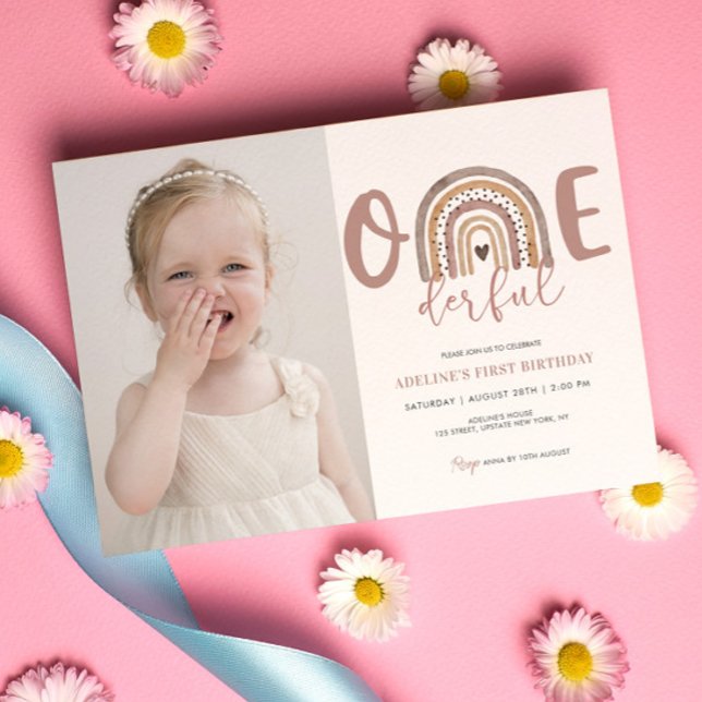 Invitation 1er anniversaire Fille Onederful Cute Photo party (Onederful cute birthday party template 1st Birthday Girl Boho Rainbow Watercolor)