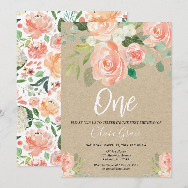 Invitation 1er anniversaire fille pêche rustique kraft floral (Devant / Derrière)