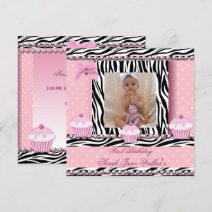 Invitation 1er anniversaire fille Pink Cupcakes Zebra Baby