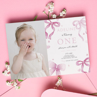 Invitation 1er Anniversaire Fille Rose Bow Fancy One mignonne