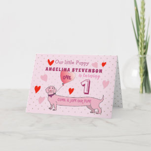 Invitation 1er Anniversaire Fille rose Chiot