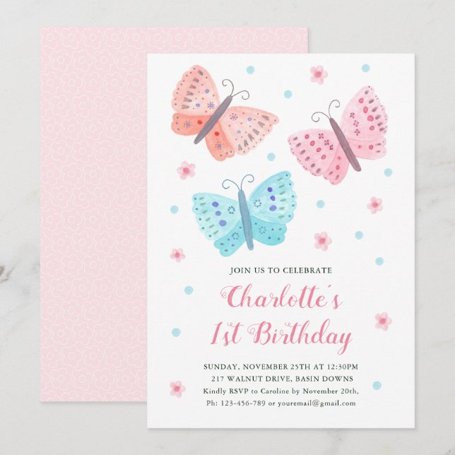 Invitation 1er Anniversaire Fleurs papillon Aquarelle rose (Devant / Derrière)
