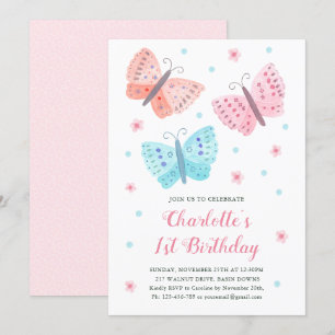 Invitation 1er Anniversaire Fleurs papillon Aquarelle rose