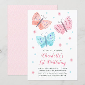 Invitation 1er Anniversaire Fleurs papillon Aquarelle rose