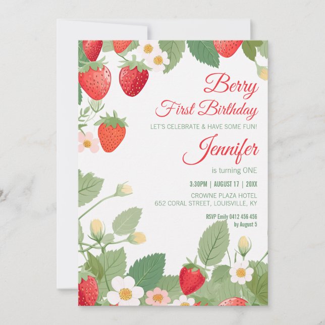 Invitation 1er Anniversaire Fraise Thème Berry Premier Annive (Devant)