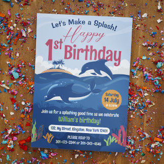 Invitation 1er anniversaire Fun et Colorful Dolphins Célébrat