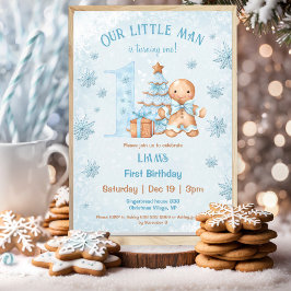 Invitation 1er anniversaire Gingerbread Man Boy Blue Christma