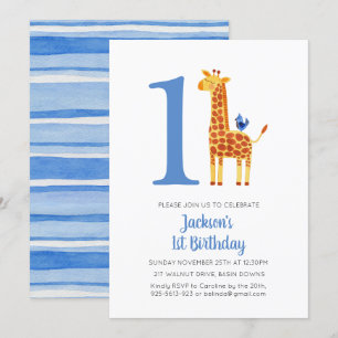 Invitation 1er anniversaire Giraffe & Bird Striped Party