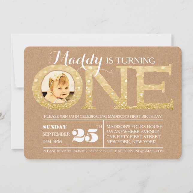 Invitation 1er anniversaire Gold Parties scintillant One Phot (Devant)