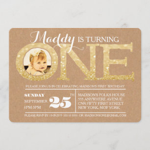 Invitation 1er anniversaire Gold Parties scintillant One Phot