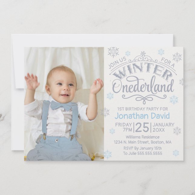 Invitation 1er anniversaire hiver Onederland Silver Blue Phot (Devant)
