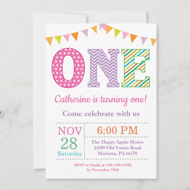 Invitation 1er Anniversaire Invitation. Fille premier anniver (Devant)