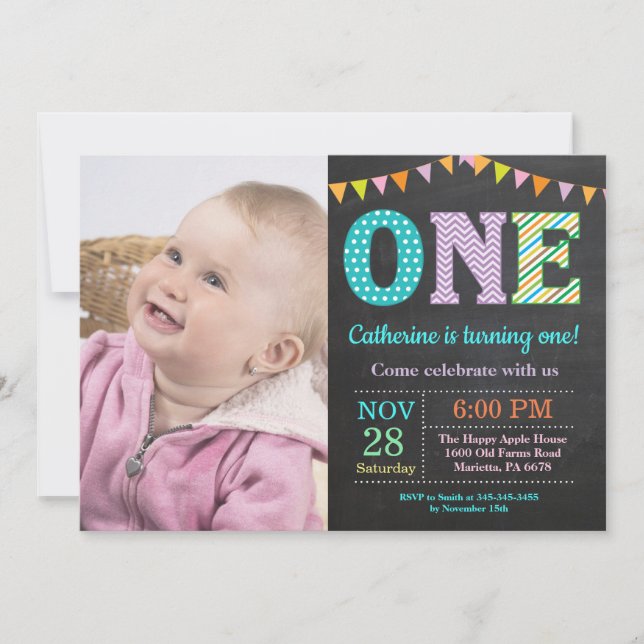 Invitation 1er Anniversaire Invitation. Photo Fille Premier a (Devant)