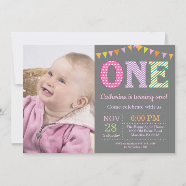 Invitation 1er Anniversaire Invitation. Photo Fille Premier a (Devant)