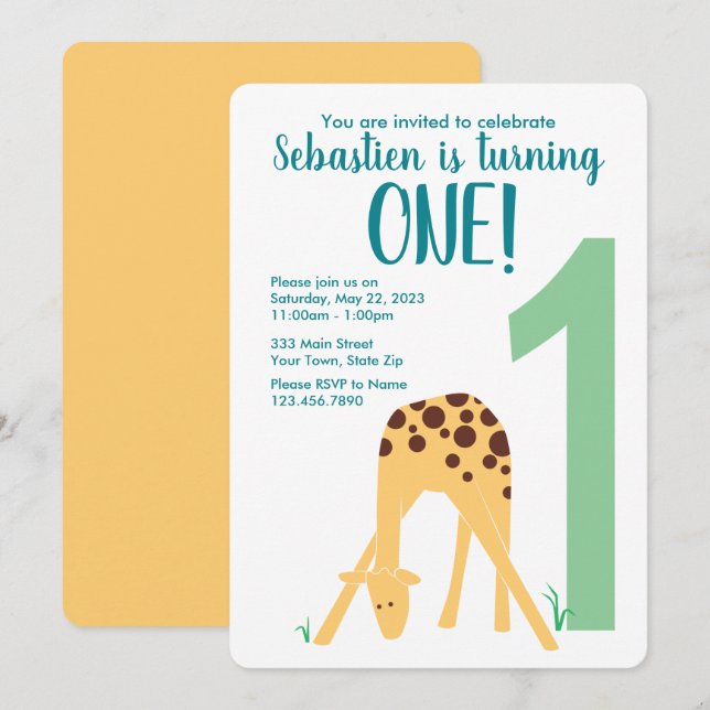 Invitation 1er anniversaire Jaune moderne bébé Giraffe (Devant / Derrière)