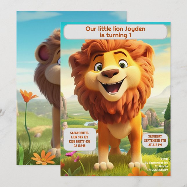Invitation 1er Anniversaire Lion Personnalisé Enfants Nom Age (Devant / Derrière)