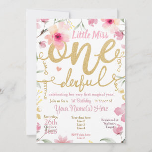 Invitation 1er Anniversaire Little Miss ONE derful Pink Flora