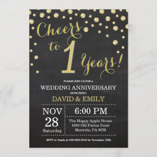 Invitation 1er anniversaire Mariage Chalkboard noir et or