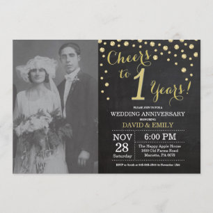 Invitation 1er anniversaire Mariage Chalkboard noir et or