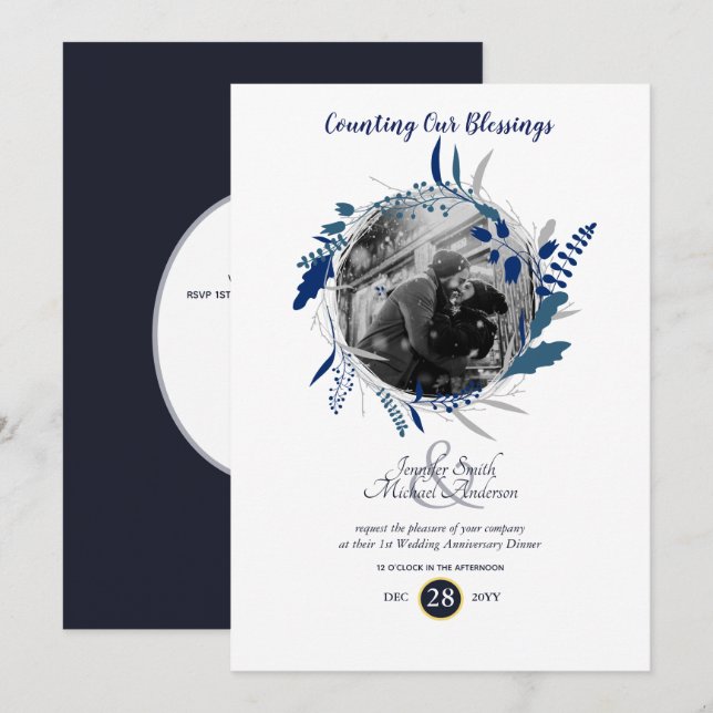 Invitation 1er anniversaire Mariage moderne PHOTO Blue Wreath (Devant / Derrière)