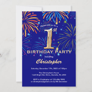 Invitation 1er anniversaire Marine Blue and Gold Rainbow Fire