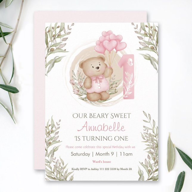 Invitation 1er anniversaire mignon bébé ours rose coeur Ballo (1st Birthday Cute Baby Bear Pink Heart Balloons Invitation)