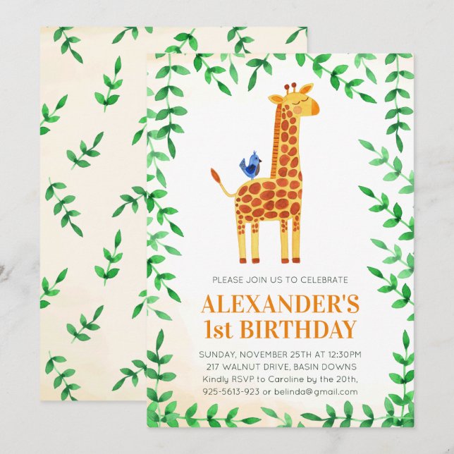 Invitation 1er anniversaire mignonne Giraffe & Bird Whimsical (Devant / Derrière)