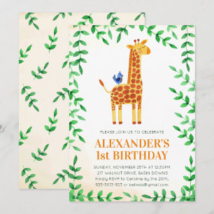 Invitation 1er anniversaire mignonne Giraffe & Bird Whimsical