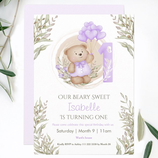 Invitation 1er Anniversaire Mignonne Ours Teddy Ballons de Co (1st Birthday Cute Teddy Bear Purple Heart Balloons Invitation)