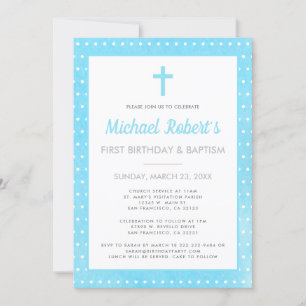 Invitation 1er Anniversaire moderne Baptême garçon bleu Polka