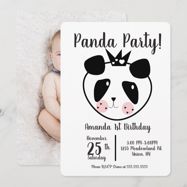 Invitation 1er anniversaire Moderne Cute Panda (Devant / Derrière)