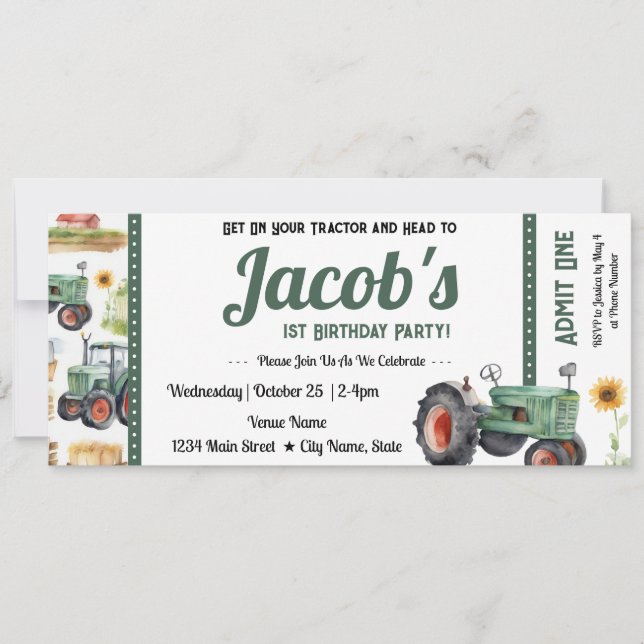 Invitation 1er Anniversaire Obtenez votre billet de tracteur  (Devant)
