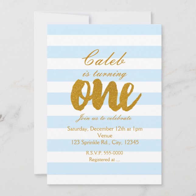 Invitation 1er anniversaire ONE Blue & White Stripes Invitati (Devant)