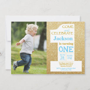 Invitation 1er Anniversaire Paillettes Dorées et Photo Bleue
