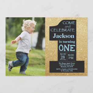 Invitation 1er anniversaire Parties scintillant or et photo b