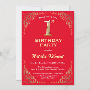 Invitation 1er Anniversaire Parties scintillant rouge et or