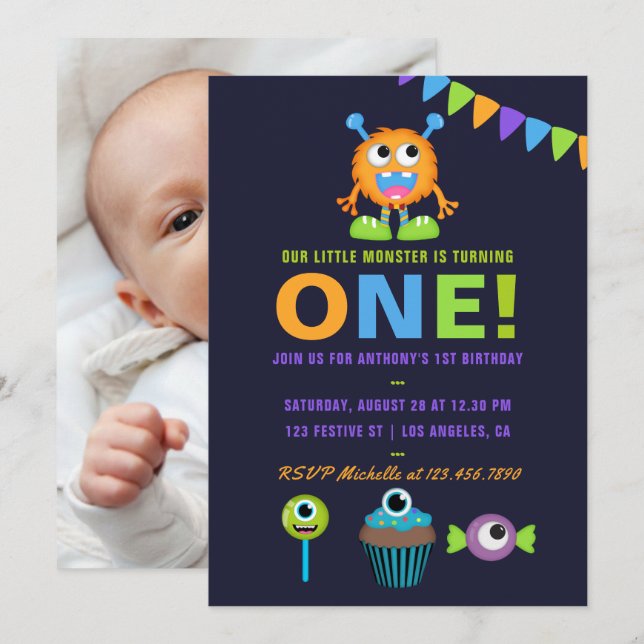 Invitation 1er anniversaire Petit Monster Boy Party Invitatio (Devant / Derrière)