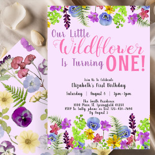 Invitation 1er Anniversaire Petite Fleur sauvage Purple Flora