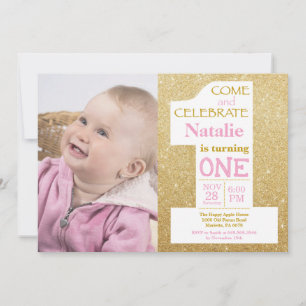 Invitation 1er Anniversaire Photo avec paillettes dorées et r