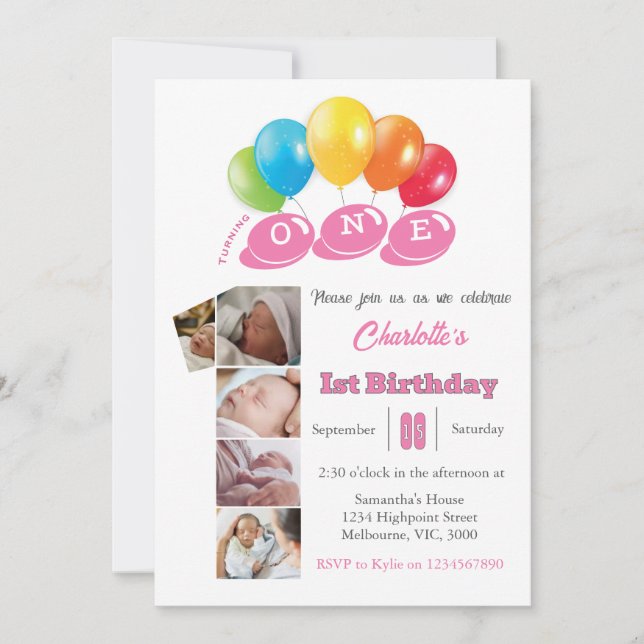 Invitation 1er anniversaire photo collage numéro 1 Fille (Devant)
