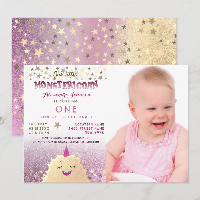 Invitation 1er anniversaire Photo Girl Petit Monstre (Devant / Derrière)