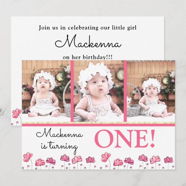 Invitation 1er Anniversaire Pink Gold Floral Photo Collage (Devant / Derrière)