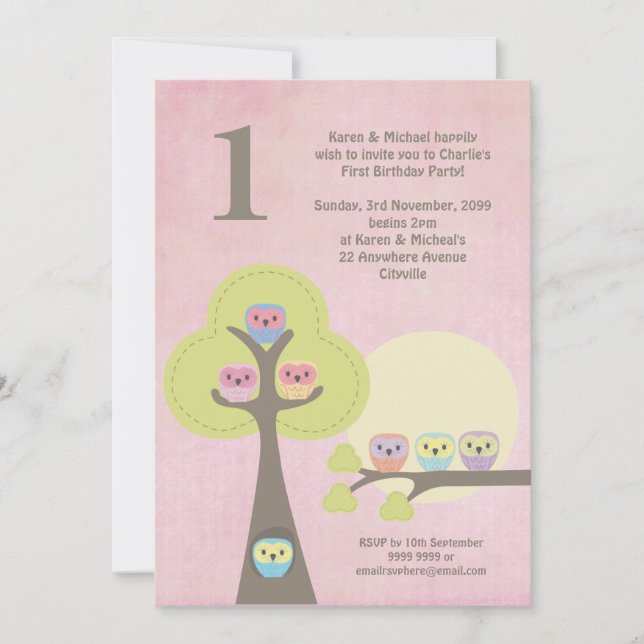 Invitation 1er anniversaire Pink Party Night Owts mignonne In (Devant)