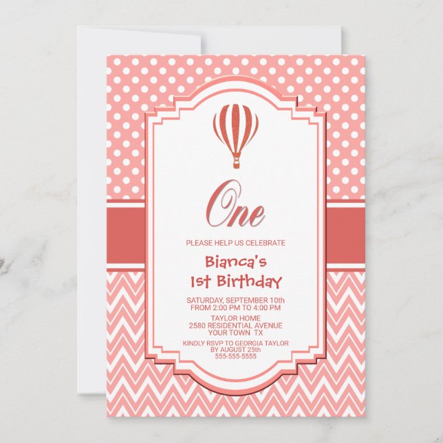 Invitation 1er anniversaire Pink Polka Dot Hot Air Balloon Pa (Devant)